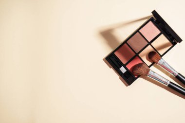 Pastel arka planda gölgeli kozmetik palet ve kozmetik fırçalar. Kopyalama alanı olan en üst görüntü.