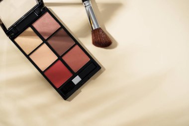 Pastel arka planda gölgeli kozmetik palet ve kozmetik fırçalar. Kopyalama alanı olan en üst görüntü.