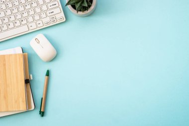 Office desk with laptop, notepad, green plant and pen. Flat lay image on blue with copy space.
