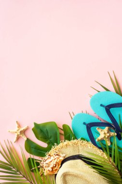 Yaz düzlüğü arka plandaydı. Palmiye yaprakları, deniz kabukları, pembe arka planda şapkalar ve terlikler..