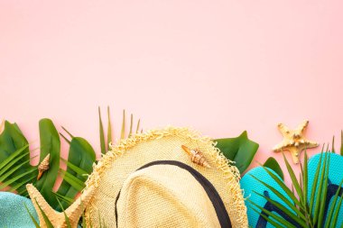 Yaz düzlüğü arka plandaydı. Palmiye yaprakları, deniz kabukları, pembe arka planda şapkalar ve terlikler..