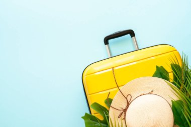 Yaz tatili, seyahat konsepti. Çanta, şapka ve palmiye yaprakları mavi arka planda. Metin için boşluk ile düz uzandı.