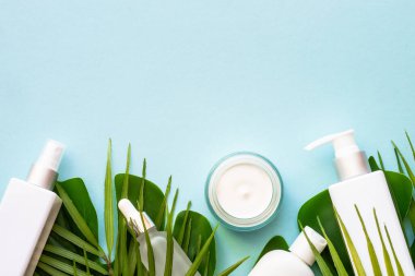 Doğal kozmetik ürünleri. Krema, serum, yeşil tropikal yapraklı tonik. Dizayn için alanı olan mavi arkaplan üzerinde düz uzandı.