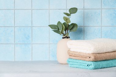 Kozmetik ürünler ve temiz havlular banyoda. Spa ve güzellik ürünleri.