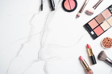 Ürünleri beyaz arka planda uydur. Kozmetik palet, fırçalar ve rujlar. Kopyalama alanı olan üst görünüm.