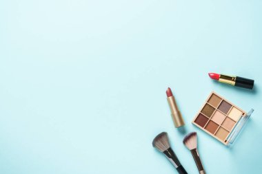 Makyaj ürünleri mavinin üzerine seriliydi. Kozmetik palet, fırçalar, rujlar.