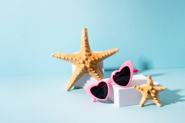 Güneş gözlüğü ve güneşli gölgeli deniz kabuğu. Moda yaz konsepti.