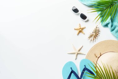 Yaz düzlüğü arka plandaydı. Palmiye yaprakları, şapka, güneş gözlükleri, beyaz arka planda deniz kabukları ve metin için boşluk..