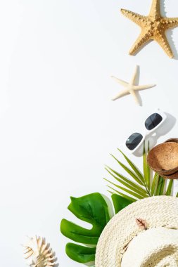 Beyaz arka planda yaz aksesuarları palmiye yaprakları, şapka, güneş gözlükleri, deniz kabukları ve hindistan cevizi. Kopyalama alanı olan düz.