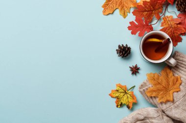 Sonbahar düz arka plan yatıyordu. Balkabakları, bir fincan sıcak çay, mavi arka planda örülmüş süveter..