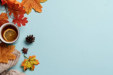 Sonbahar düz arka plan yatıyordu. Balkabakları, bir fincan sıcak çay, mavi arka planda örülmüş süveter..