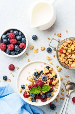 Beyaz masada taze böğürtlenli yoğurt ve tahıl gevreği. Sağlıklı atıştırmalıklar ya da kahvaltı. Beyaz üzerine üst görünüm.