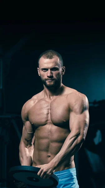 Strong Athletic Sportsman Doing Exercises Weightlifting Plate Gym — kuvapankkivalokuva