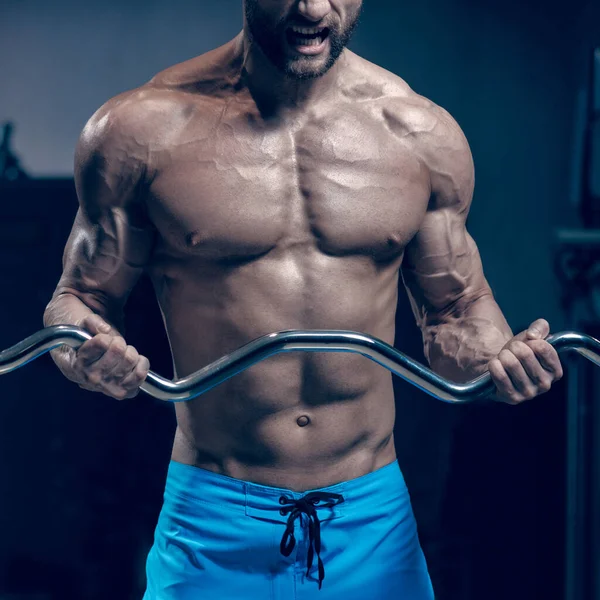 Muscolare Uomo Forte Che Esercizi Con Bilanciere Palestra Immagine Con — Foto Stock