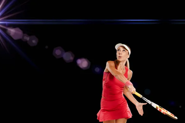 Young Attractive Healthy Professional Sportswoman Playing Tennis Black Background — Fotografia de Stock