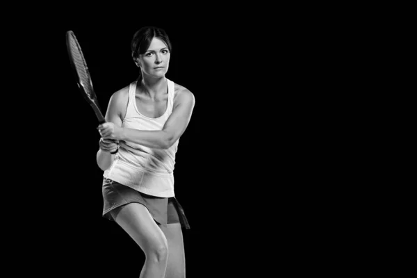 Monochrome Portrait Professional Female Player Practicing Tennis Ready Serve — Fotografia de Stock