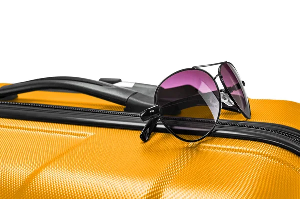 Közelkép Bőrönd Tetején Fekvő Szemüvegekről Stock Kép