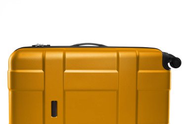 Fragment of plastic valise on wheels isolated on white background