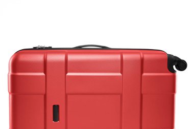 Fragment of red plastic valise on wheels isolated on white background