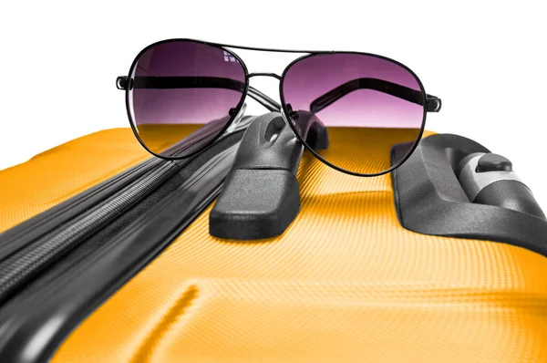 Set Travel Accessories Stylish Glasses Lying Suitcase Stock Kép