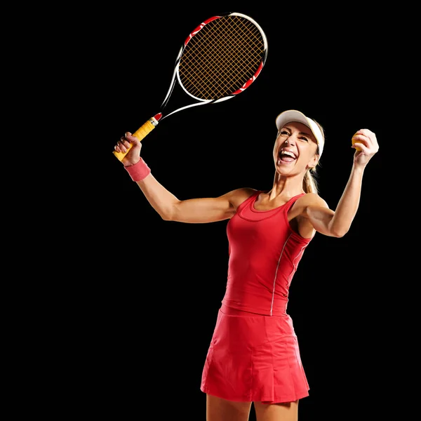 Portrait Smiling Happy Tennis Woman Celebrating Tournament Victory — Stok fotoğraf