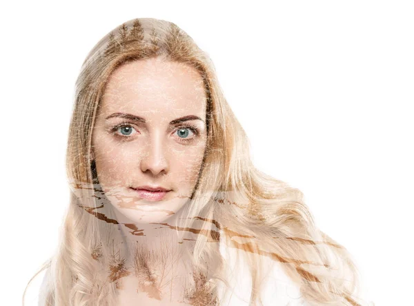 Красива Жінка Довгим Світлим Волоссям Білому Тлі Подвійний Ефект Багаторазового Стокове Фото