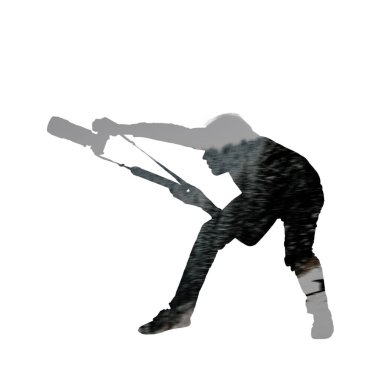Beyaz arka planda erkek fotoğrafçının silüeti, çift pozlama efekti, birleşik resimler.