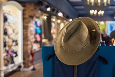 Modern odada askılı şık açık kahverengi şapkalı bir kadın.