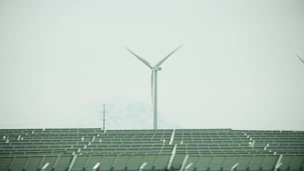 Groene Energie Windturbines Produceren Energie Het Groene Veld Bij Zonsondergang — Stockvideo