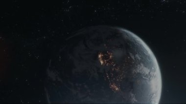Parlak atmosferli uzaydan Dünya 'nın sinematik animasyon görüntüsü. Kozmik karanlıkta dönen Dünya gezegeninin gerçekçi üç boyutlu animasyonu. Dünya 'nın yıldızlı arkaplanlı yörüngesinden son derece detaylı CGI görüntülemesi. Efsanevi hava sahası 
