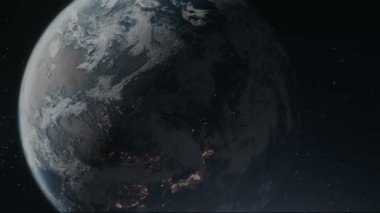 Parlak atmosferli uzaydan Dünya 'nın sinematik animasyon görüntüsü. Kozmik karanlıkta dönen Dünya gezegeninin gerçekçi üç boyutlu animasyonu. Dünya 'nın yıldızlı arkaplanlı yörüngesinden son derece detaylı CGI görüntülemesi. Efsanevi hava sahası 