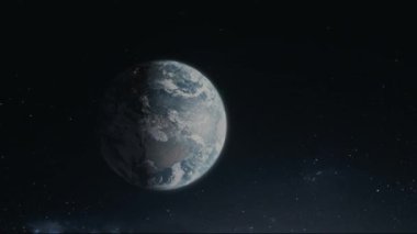 Parlak atmosferli uzaydan Dünya 'nın sinematik animasyon görüntüsü. Kozmik karanlıkta dönen Dünya gezegeninin gerçekçi üç boyutlu animasyonu. Dünya 'nın yıldızlı arkaplanlı yörüngesinden son derece detaylı CGI görüntülemesi. Efsanevi hava sahası 