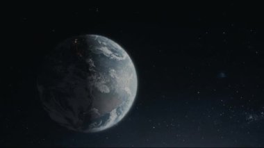 Parlak atmosferli uzaydan Dünya 'nın sinematik animasyon görüntüsü. Kozmik karanlıkta dönen Dünya gezegeninin gerçekçi üç boyutlu animasyonu. Dünya 'nın yıldızlı arkaplanlı yörüngesinden son derece detaylı CGI görüntülemesi. Efsanevi hava sahası 