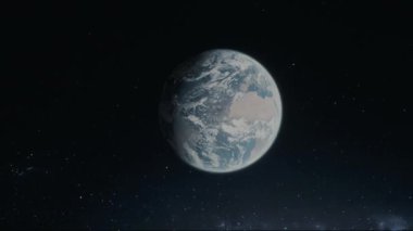 Parlak atmosferli uzaydan Dünya 'nın sinematik animasyon görüntüsü. Kozmik karanlıkta dönen Dünya gezegeninin gerçekçi üç boyutlu animasyonu. Dünya 'nın yıldızlı arkaplanlı yörüngesinden son derece detaylı CGI görüntülemesi. Efsanevi hava sahası 