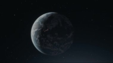 Parlak atmosferli uzaydan Dünya 'nın sinematik animasyon görüntüsü. Kozmik karanlıkta dönen Dünya gezegeninin gerçekçi üç boyutlu animasyonu. Dünya 'nın yıldızlı arkaplanlı yörüngesinden son derece detaylı CGI görüntülemesi. Efsanevi hava sahası 