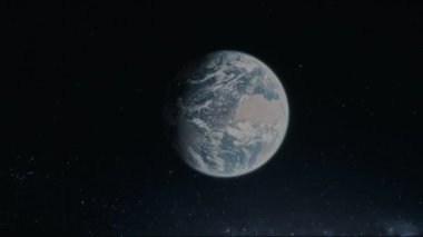 Parlak atmosferli uzaydan Dünya 'nın sinematik animasyon görüntüsü. Kozmik karanlıkta dönen Dünya gezegeninin gerçekçi üç boyutlu animasyonu. Dünya 'nın yıldızlı arkaplanlı yörüngesinden son derece detaylı CGI görüntülemesi. Efsanevi hava sahası 