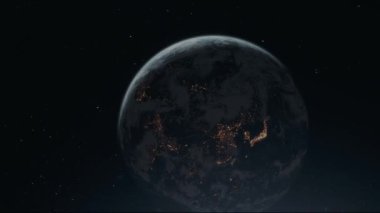 Parlak atmosferli uzaydan Dünya 'nın sinematik animasyon görüntüsü. Kozmik karanlıkta dönen Dünya gezegeninin gerçekçi üç boyutlu animasyonu. Dünya 'nın yıldızlı arkaplanlı yörüngesinden son derece detaylı CGI görüntülemesi. Efsanevi hava sahası 