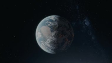 Parlak atmosferli uzaydan Dünya 'nın sinematik animasyon görüntüsü. Kozmik karanlıkta dönen Dünya gezegeninin gerçekçi üç boyutlu animasyonu. Dünya 'nın yıldızlı arkaplanlı yörüngesinden son derece detaylı CGI görüntülemesi. Efsanevi hava sahası 