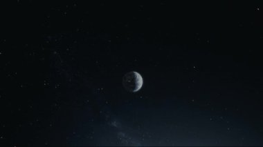 Parlak atmosferli uzaydan Dünya 'nın sinematik animasyon görüntüsü. Kozmik karanlıkta dönen Dünya gezegeninin gerçekçi üç boyutlu animasyonu. Dünya 'nın yıldızlı arkaplanlı yörüngesinden son derece detaylı CGI görüntülemesi. Efsanevi hava sahası 