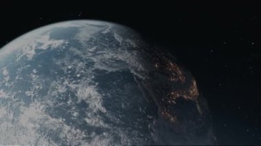 Parlak atmosferli uzaydan Dünya 'nın sinematik animasyon görüntüsü. Kozmik karanlıkta dönen Dünya gezegeninin gerçekçi üç boyutlu animasyonu. Dünya 'nın yıldızlı arkaplanlı yörüngesinden son derece detaylı CGI görüntülemesi. Efsanevi hava sahası 