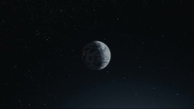Parlak atmosferli uzaydan Dünya 'nın sinematik animasyon görüntüsü. Kozmik karanlıkta dönen Dünya gezegeninin gerçekçi üç boyutlu animasyonu. Dünya 'nın yıldızlı arkaplanlı yörüngesinden son derece detaylı CGI görüntülemesi. Efsanevi hava sahası 
