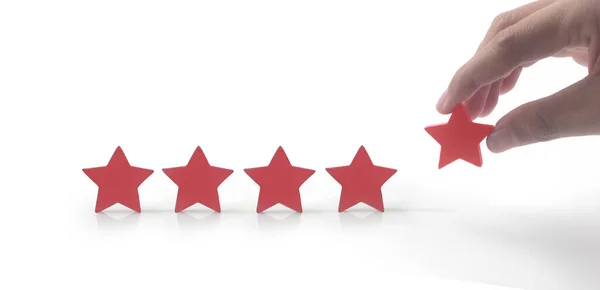 stock image Rise on increasing five stars in human hand, Increase rating evaluation classification concept