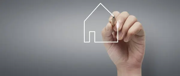 Mannelijke Hand Tekening Huis Whiteboard Visualisatie Home Dream Stockafbeelding