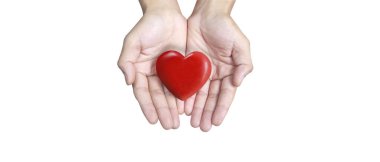 Eller kırmızı kalbi tutuyor. kalp sağlığı bağışı kavramları