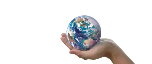 Глобус Земля Человеческих Руках Держащая Нашу Планету Сияющей Изображение Земли — стоковое фото