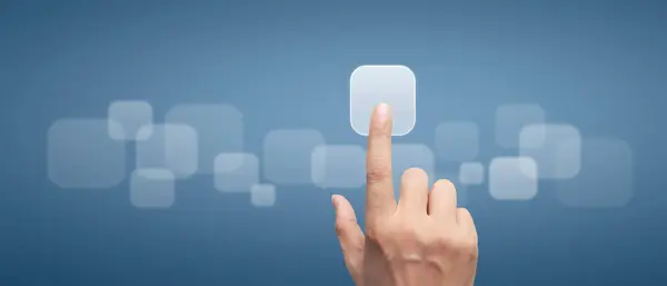 Hand Pushing Touch Screen Interface Social Network Structure Stock Image