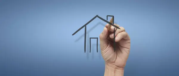 Mannelijke Hand Tekening Huis Whiteboard Visualisatie Home Dream Stockfoto