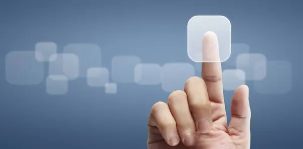 Hand Drückt Auf Touchscreen Oberfläche Struktur Des Sozialen Netzwerks Stockbild