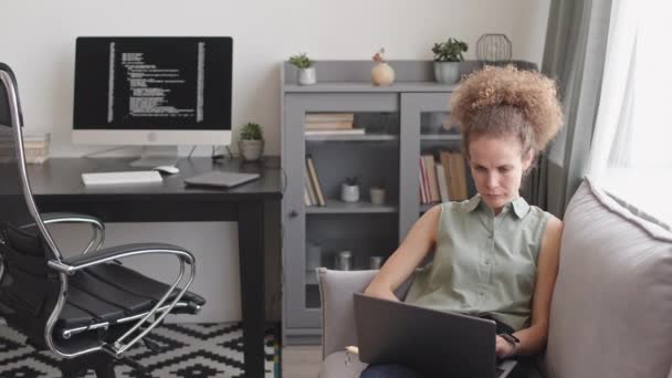Medium Shot Professional Female Software Developer Working Computer Codes Home — Stockvideo