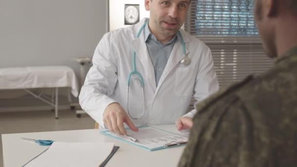 Waist Slowmo Caucasian Male Doctor Lab Coat Greeting African American — Wideo stockowe